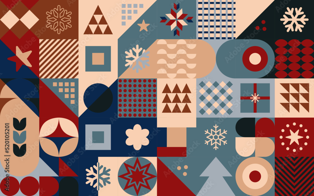 Geometryczna świąteczna kompozycja - kolorowa mozaika z gwiazdkami, choinkami i płatkami śniegu na Boże Narodzenie. Powtarzający się wzór w stylu neo geo do zastosowania jako tło do projektów. - obrazy, fototapety, plakaty 