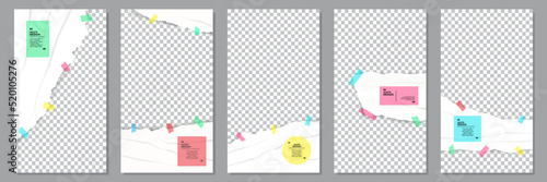 Vector illustration. Torn paper effect. White note stickers. Colorful modern banner collection. Design for flyer, voucher, coupon, story template. Rumpled plastic wrap. Dynamic photo frame background