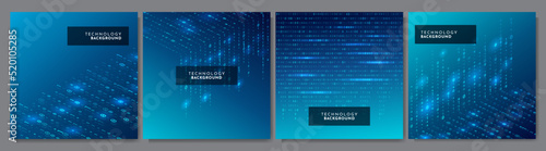 Vector illustration. Binary code dark background. Software programming concept. Glowing numbers and dots. Digital data. Technological style. Design elements for social media template, web banner