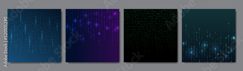 Vector illustration. Binary code dark background. Software programming concept. Glowing numbers and dots. Digital data. Technological style. Design elements for social media template, web banner
