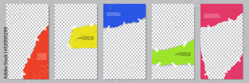 Vector illustration. Torn paper effect. Note stickers. Colorful modern banner collection. Design for flyer, voucher, coupon, social media story template. Rumpled plastic wrap. Photo frame background