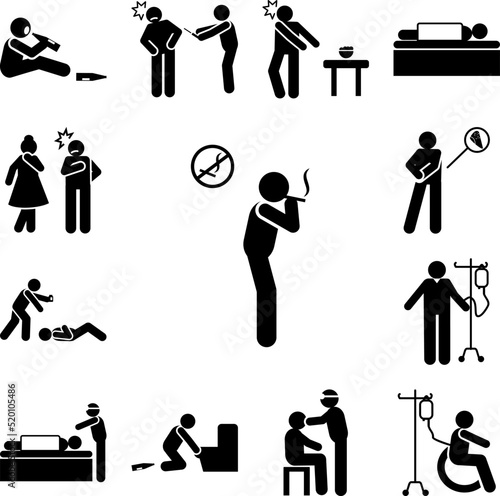 Smoking, man, cancer, no smoking icon in a collection with other items