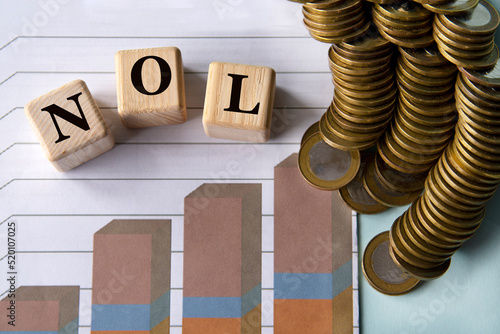 NOL - acronym on a green sheet on the background of a graph, pencils and coins photo