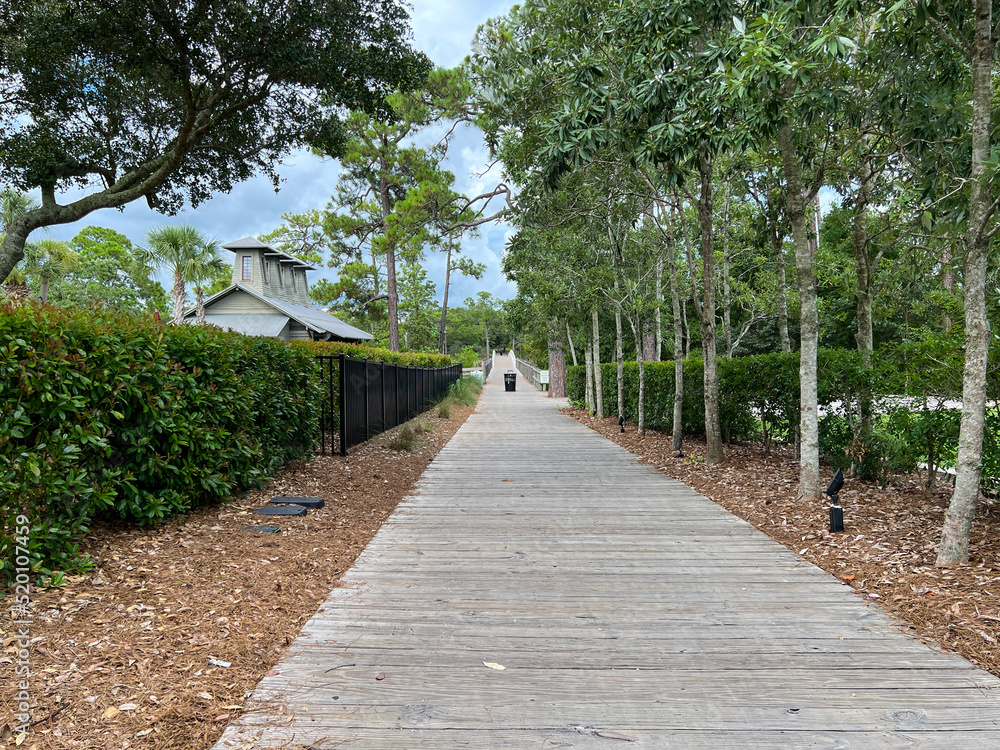 The wooden walking and bike trail in Watercolor, Florida.