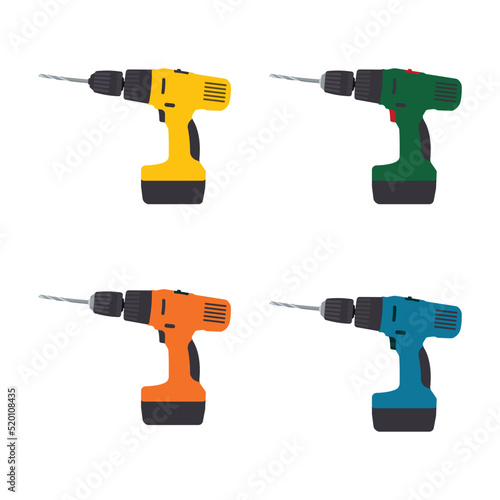 Cordless Drills Set, Flat Vector Illustration of Electric Drill, Drilling Machines