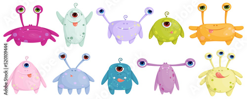 Collection of funny cartoon monsters, mutants and cyclops. Vector graphics.
