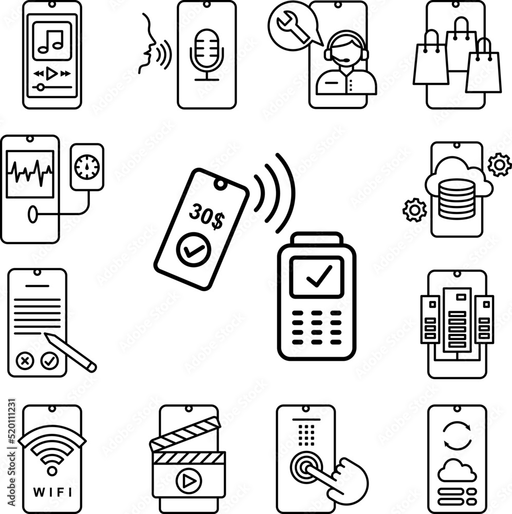 Nfc mobile cash icon in a collection with other items Nfc mobile cash icon in a collection with other items