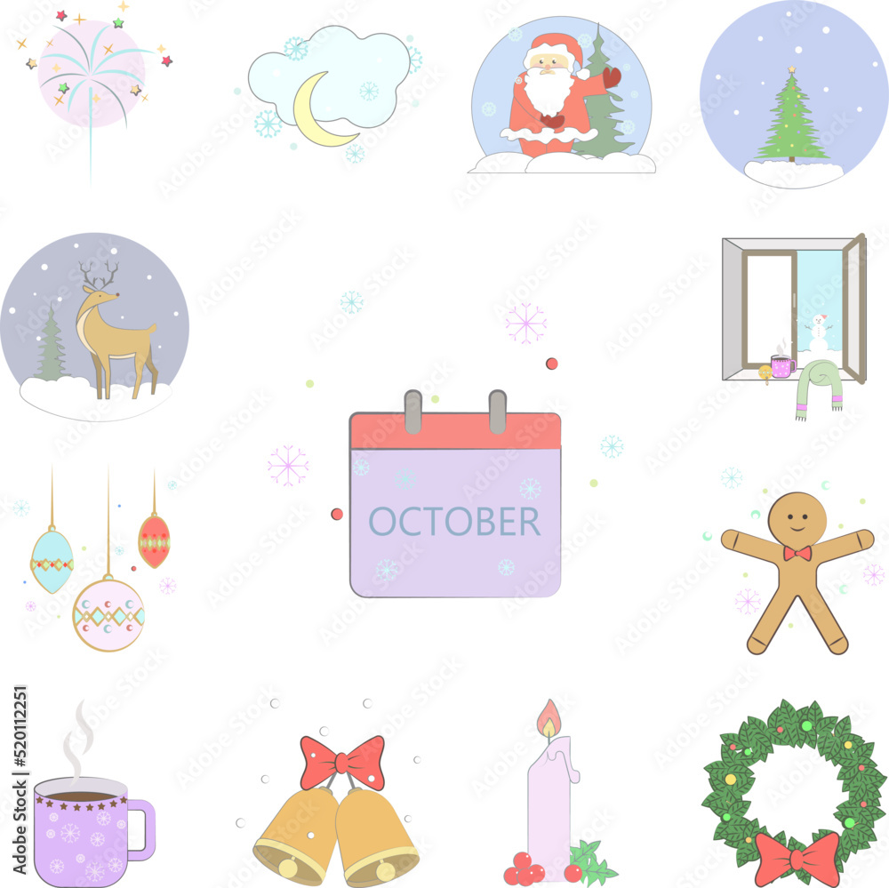 Christmas calendar icon in a collection with other items Christmas calendar icon in a collection with other items