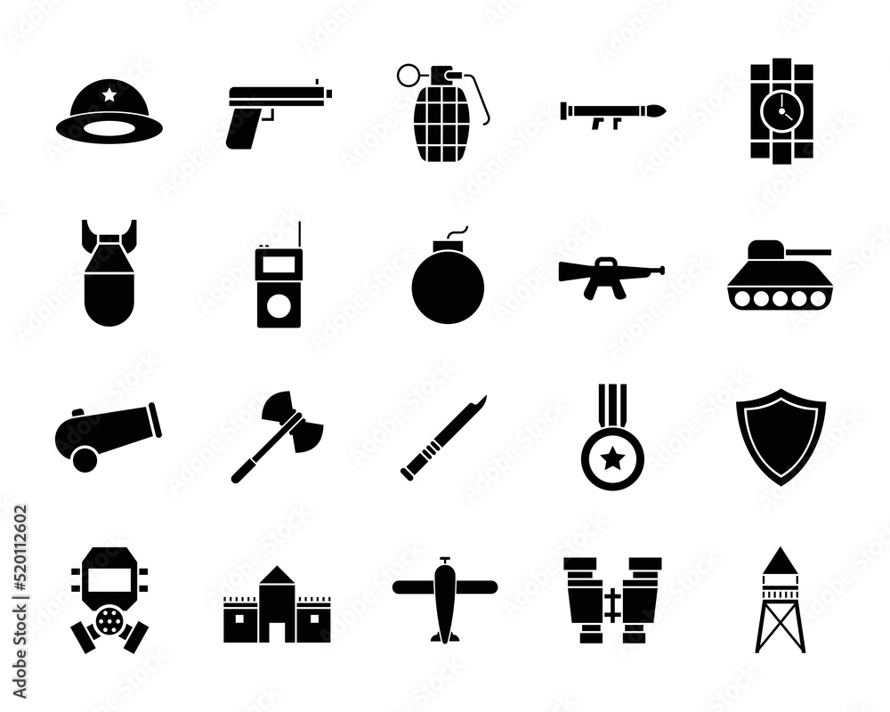Military black icon set. Gun, pistol, bomb, grenade, tank vector illustration Military black icon set. Gun, pistol, bomb, grenade, tank vector illustration