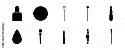 Make up tools black icon set. Lipstick, brush, eye brush, cleansing pad vector illustration