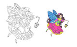 isolated coloring book illustration with a fairy flying with a lantern