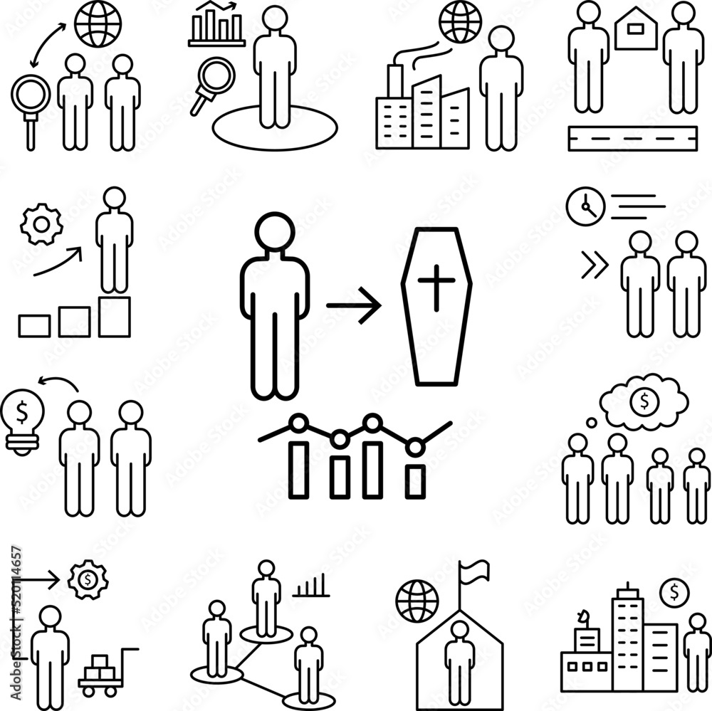 Death rate population icon in a collection with other items Death rate population icon in a collection with other items