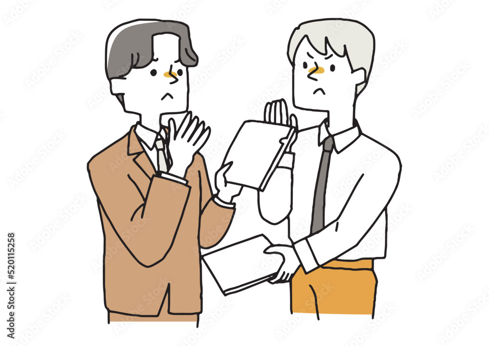 仕事の押し付け合いをする二人のビジネスマン 職場のチームワークが崩壊する時 仕事の押し付け合いをする二人のビジネスマン 職場のチームワークが崩壊する時