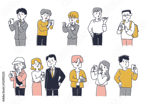 スマートフォンを活用する人物のセット　コミカルな手書きの人物　ベクター、温かみのある線画