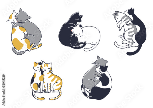 戯れ合う猫のイラストセット　二匹の猫がお互いを信頼しスキンシップしている様子