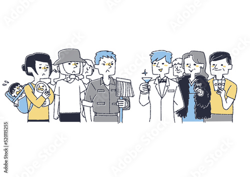 貧困に苦しむ人々と富裕層の人々の対比　コミカルな手書きの人物　ベクター、線画にカラー