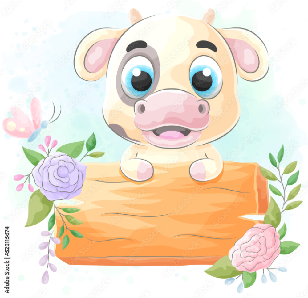 Cute Cow with Wood Sign Board , watercolor illustration Cute Cow with Wood Sign Board , watercolor illustration
