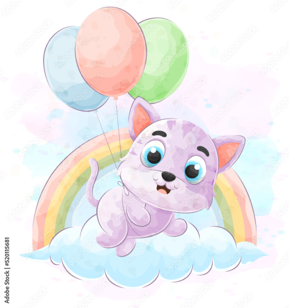 Cute doodle cat flying using balloons with watercolor illustration Cute doodle cat flying using balloons with watercolor illustration