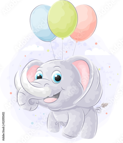 Cute doodle elephant flying using balloon with watercolor illustration