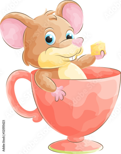 Cute doodle mouse relaxing in a glass with watercolor illustration