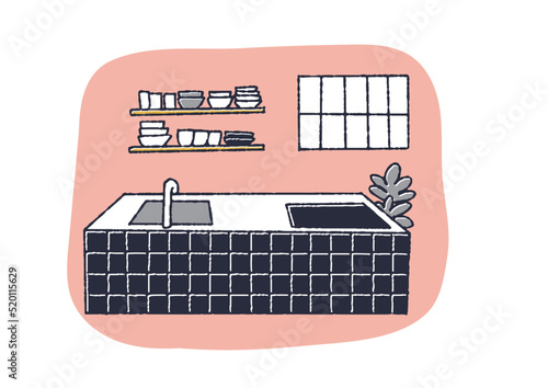 タイル張りのキッチンがある室内　温かみのある線で描いたインテリアイラスト