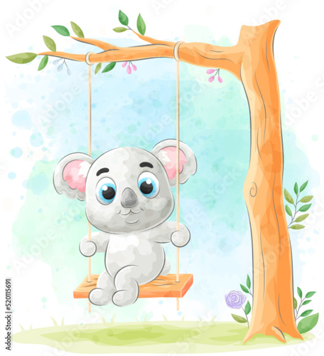 Cute doodle Koala playing on a swing with watercolor illustration