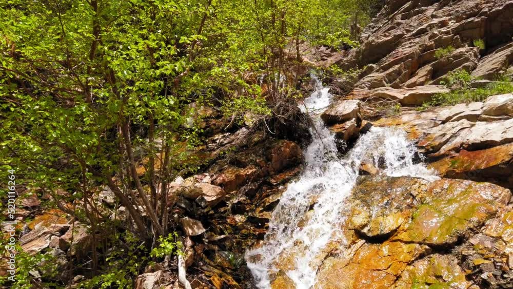 Waterfall cascading down mountainside among trees in slow motion