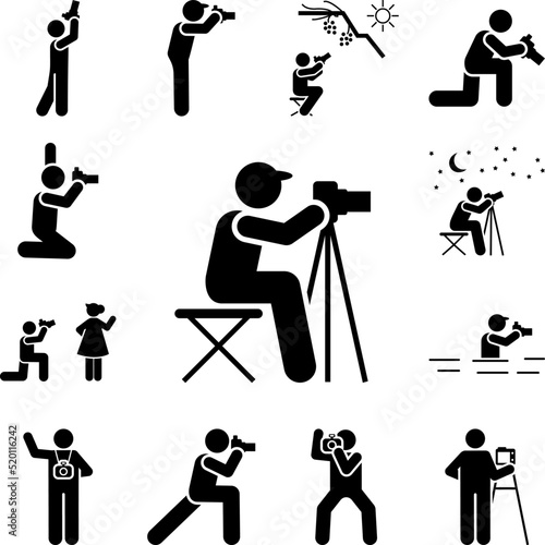 Cameraman, photography, taking, tripod pictogram icon in a collection with other items