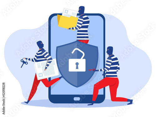 Hacker steal information from person personal account. Phishing and bank fraud.cyber security alert on smartphone. Flat illustration Vector illustration.