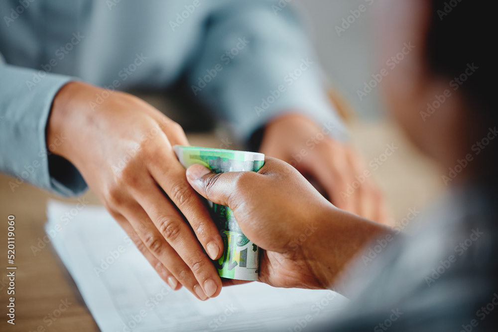 Obraz premium Closeup of hands, money exchange between businesswoman and customer for delivery or services done. A dishonest man accepting a bribery for deal. Boss paying worker his salary or tips earned.