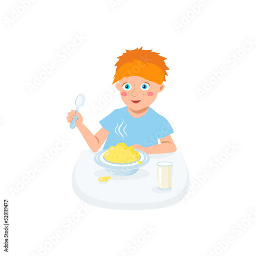 A little boy is having breakfast at the table. Oatmeal porridge and a glass of milk for breakfast. Vector