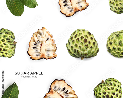Seamless pattern with sugar apple on the white background. Flat lay. Food concept. 