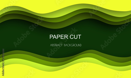 Green abstract paper wave layer cut background. Abstract realistic paper decoration for design textured with cardboard wavy green layers. 
