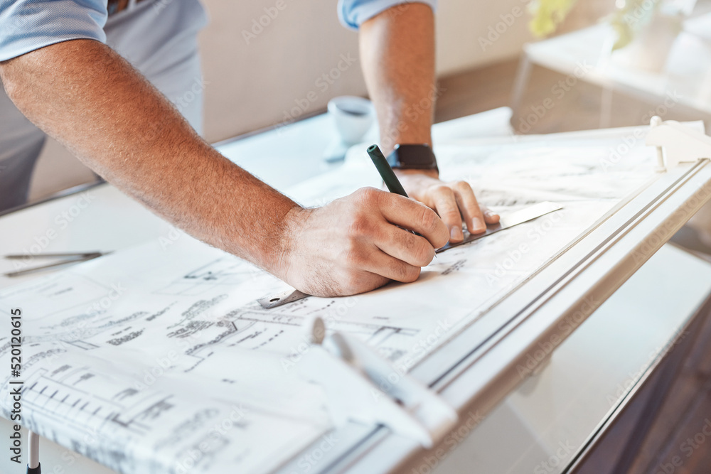 Male architect hands drawing building project or construction plan on an  office table. Closeup of caucasian man taking measurement notes, sketching  and making corrections to a blueprint. Stock Photo | Adobe Stock
