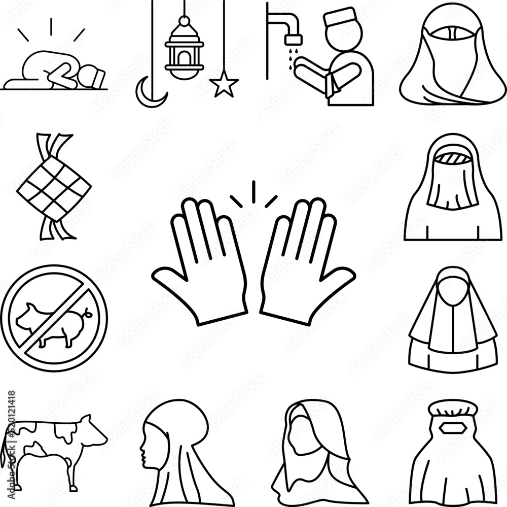 Fototapeta premium Muslim praying hands icon in a collection with other items