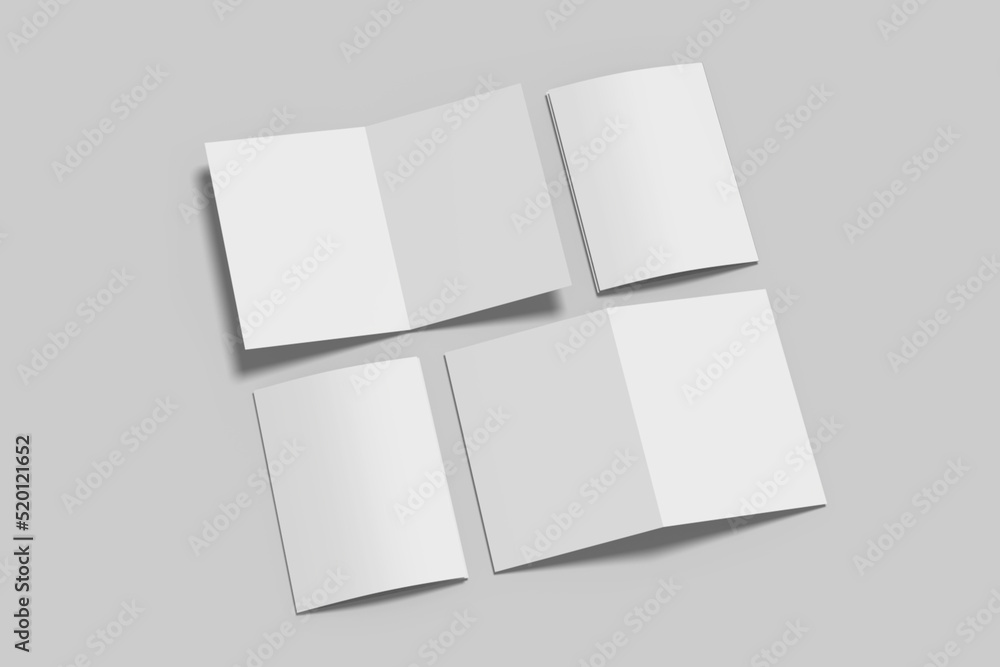 Realistic blank bifold brochure illustration for mockup. 3D Render. Realistic blank bifold brochure illustration for mockup. 3D Render.