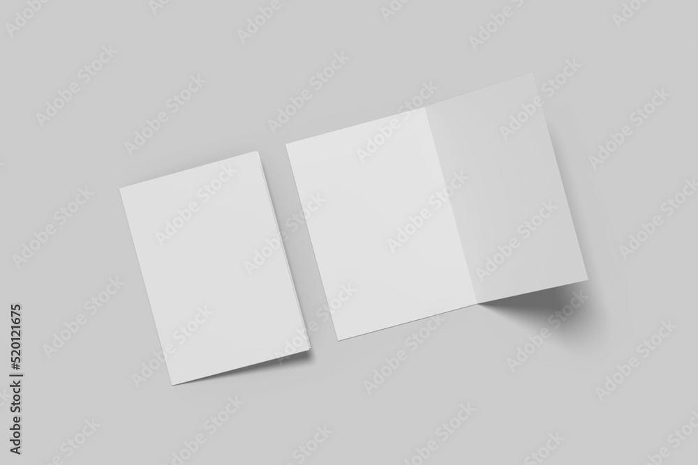 Realistic blank bifold brochure illustration for mockup. 3D Render. Realistic blank bifold brochure illustration for mockup. 3D Render.