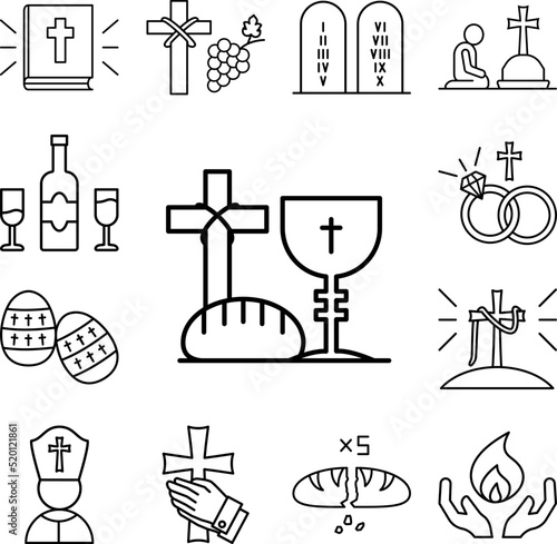 Grail and bread, Christianity icon in a collection with other items