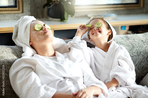 Obraz na plátně Fresh skincare, face mask and healthy skin treatment for bonding mother and daughter home spa day