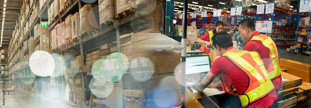 Warehouse worker team working in a large warehouse, Asian worker ...