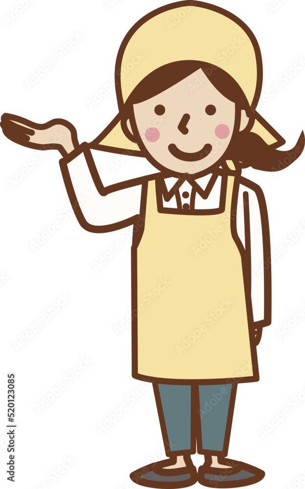 案内をするエプロン姿の笑顔の女性。