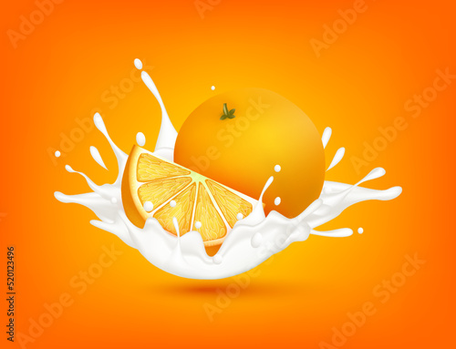Orange milk yogurt splashing isolated on orange background. Health concept. Realistic 3d vector illustration. Can used for product design advertising beverage and food products.