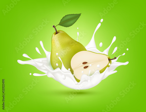 Pear milk yogurt splashing isolated on green background. Health concept. Realistic 3d vector illustration. Can used for product design advertising beverage and food products.
