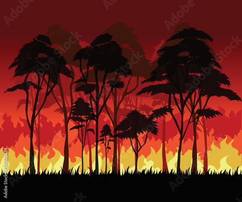 forest fire, burning trees, Wildfire at night , vector Design