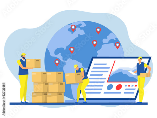Business  Delivery logistics service ,stock market online laptop flat ,Worker Carrying Boxes with Goods.vector illustration. website design or landing web page