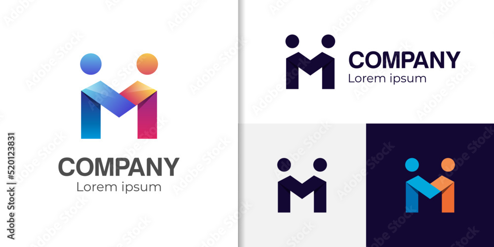 initial letter M modern logo design, connecting partnership people gradient logo illustration initial letter M modern logo design, connecting partnership people gradient logo illustration