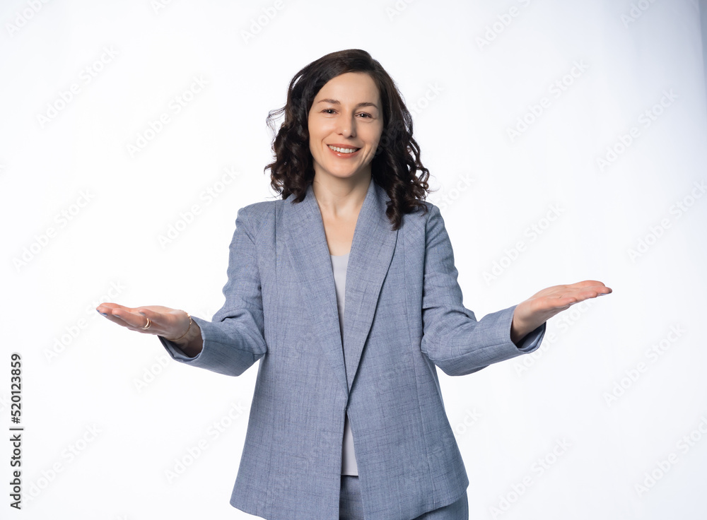 woman with curly black hair in a business suit. isolated, white background woman with curly black hair in a business suit. isolated, white background