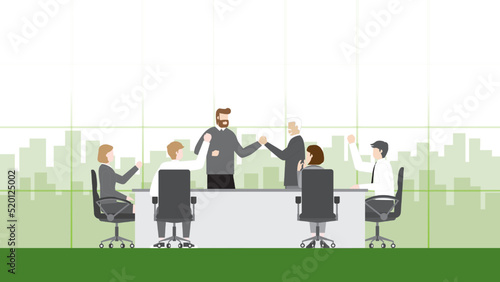 Happy successful business team achieving a goal. Cheerful hand up collaborate of teamwork, staff, colleague, and employee in a meeting room and enjoying a job together. Boss shake hands with pleasure.