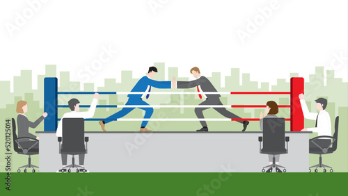 Business competition concept. Businessman fight wresting on boxing stage in an office meeting room. Cheer up by colleague team . Conflict, confrontation and contest of career competing in a work life.