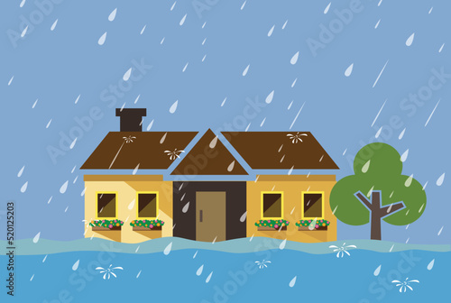 Flood natural disaster with house, heavy rain and storm , damage with home, clouds and rain, flooding water in city, Flooded house.